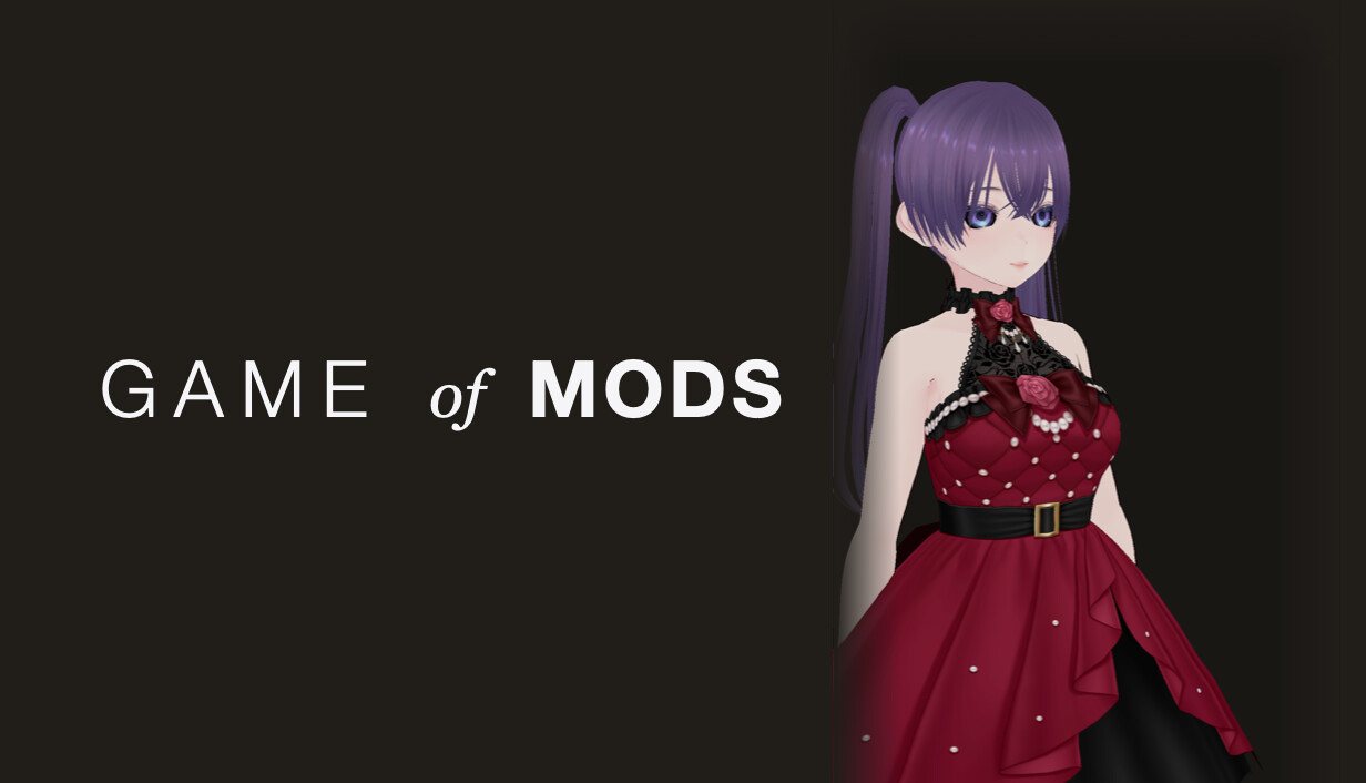 Game of Mods title art with a purple-haired character in a red dress