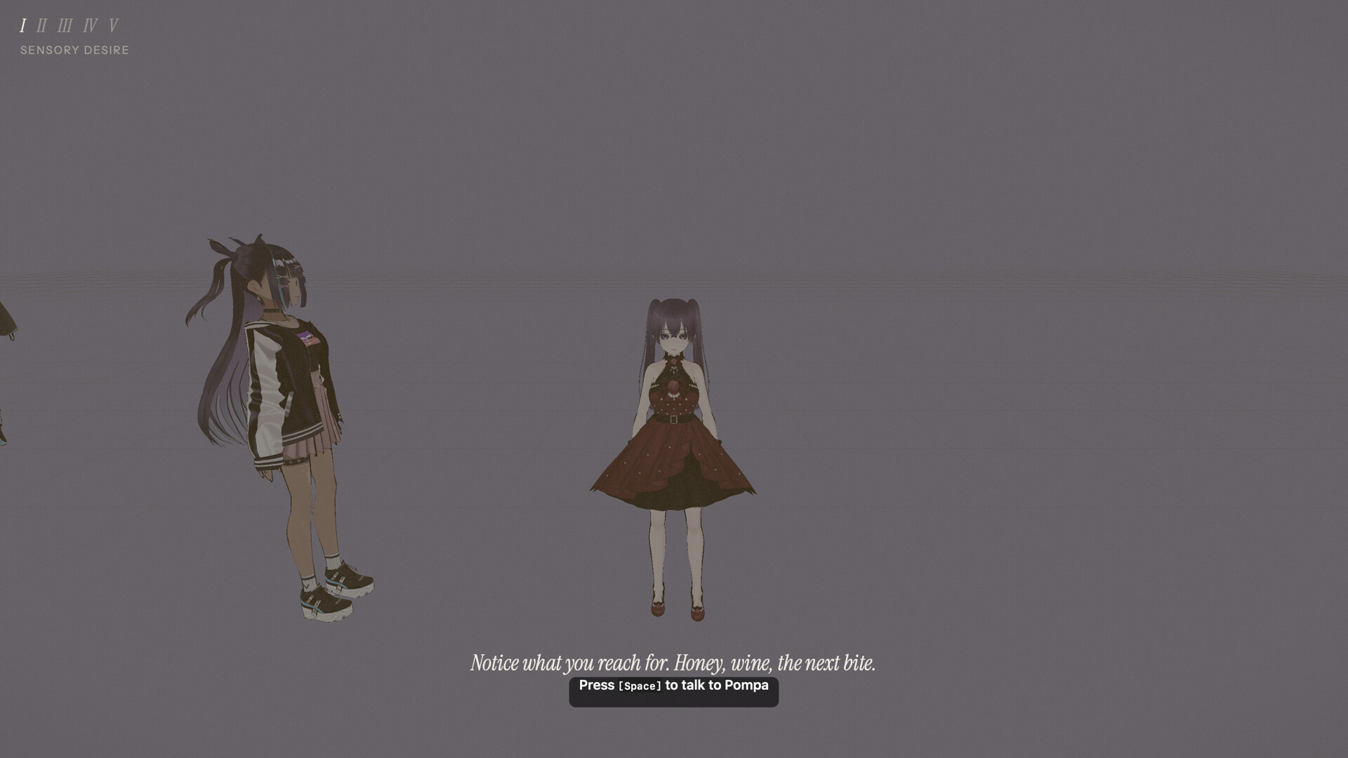 A Game of Mods journey with avatar characters and a prompt to press Space to talk to Pompa